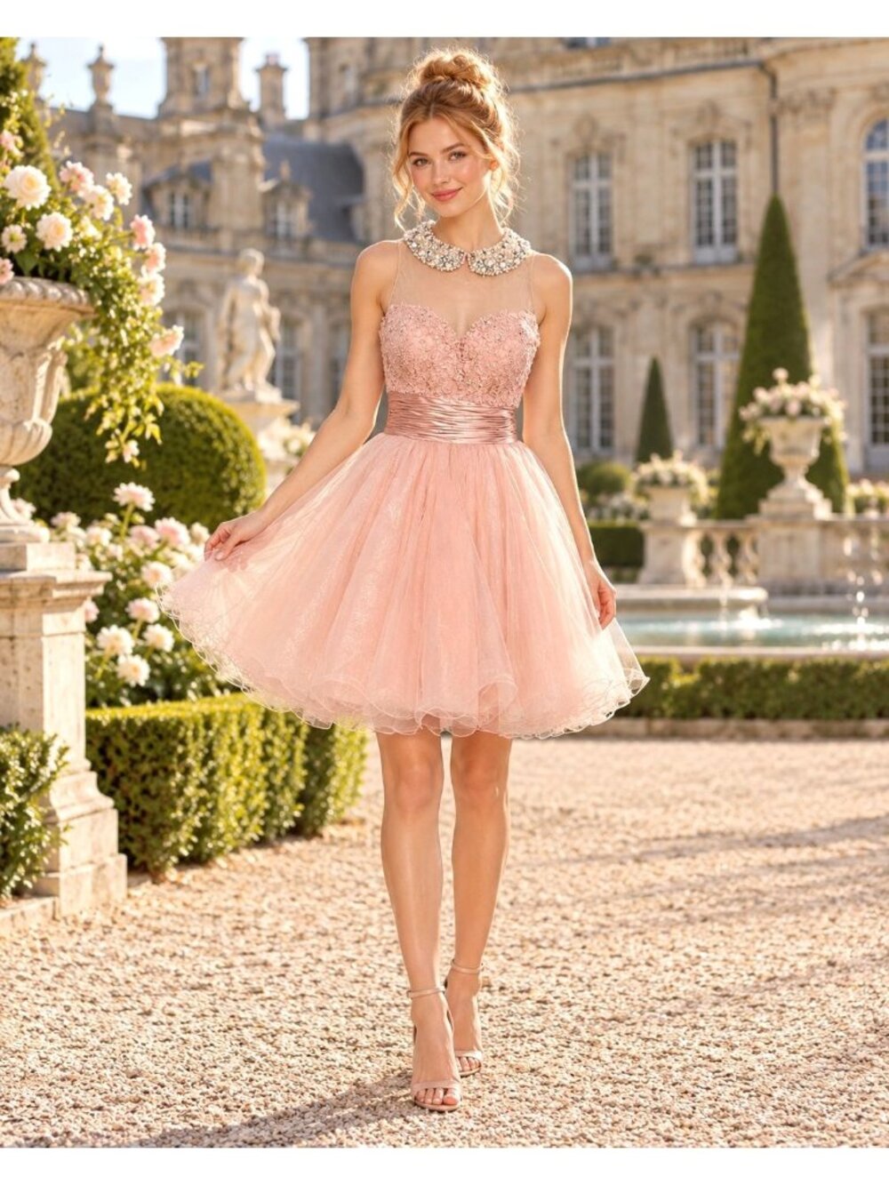 Sherri Hill Size 2 Blush Pink Beaded Collar Tulle Homecoming Cocktail Prom Dress